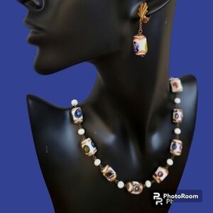 Estate Art Deco Venetian Milk Glass Beaded Necklace Clip-on Earrings Set